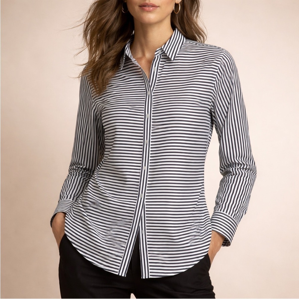 Chico’s Black & White Striped Button-Down 100% Cotton Shirt Size 0 (US S)